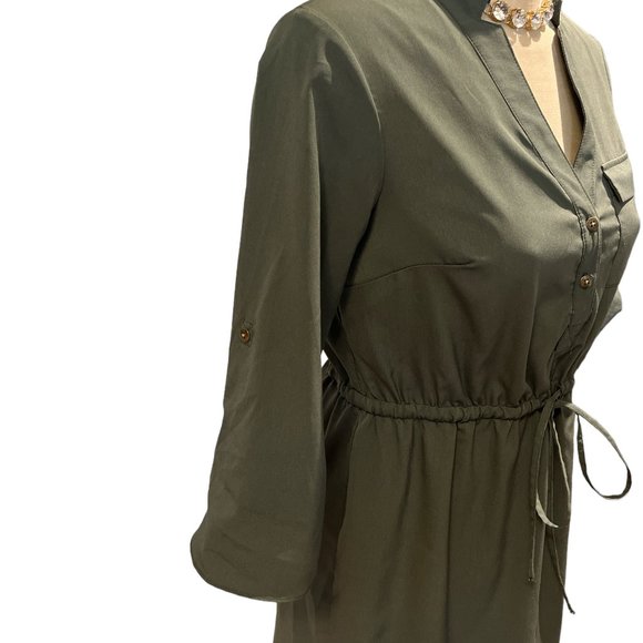 MERONA Dress Size M Green Hi Low Back 3/4 Sleeves Drawstring Elastic Waist - Picture 4 of 11